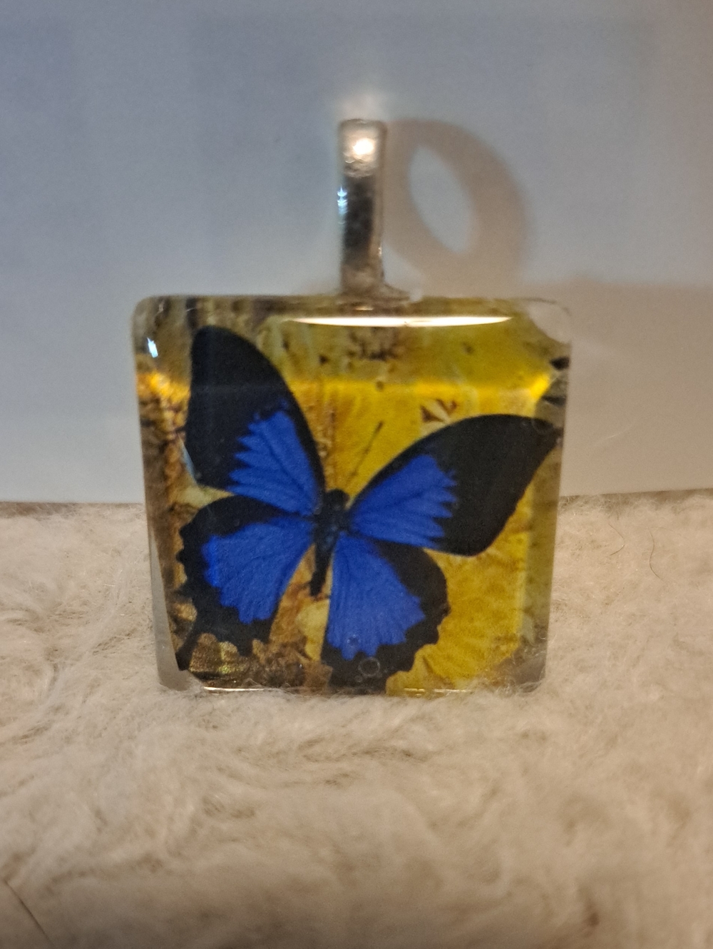 Hand crafted Blue Butterfly Glass Tile Pendant Necklace